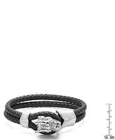 Steeltime Men's Black Braided Leather Bracelet with Stainless Steel Dragon Head Design