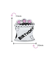 Bling Jewelry Pink Cz Candles Cup Cake Words Happy Birthday Cake Charm Bead Oxidized .925 Sterling Silver Fits European Bracelet