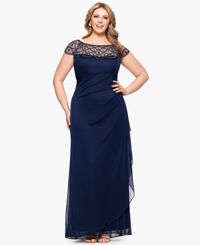 Xscape Plus Sheer Boat-Neckline Long Sheath Dress