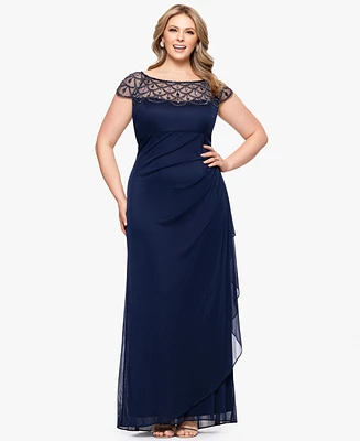 Xscape Plus Sheer Boat-Neckline Long Sheath Dress