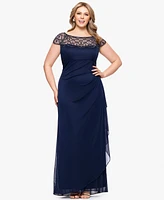 Xscape Plus Sheer Boat-Neckline Long Sheath Dress