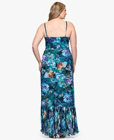 Xscape Plus Printed Ruffled Sleeveless Maxi Dress
