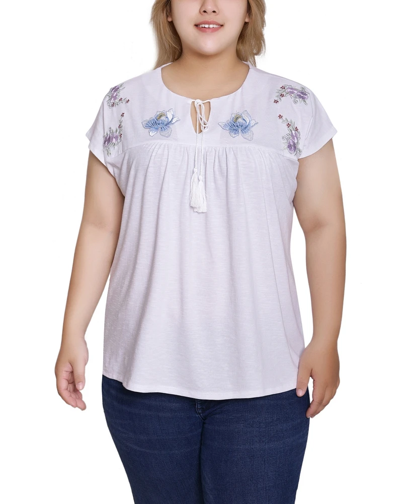 Ny Collection Plus Embroidered Yoke Extended Sleeve Top