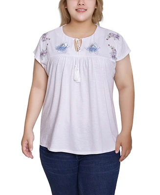 Ny Collection Plus Embroidered Yoke Extended Sleeve Top