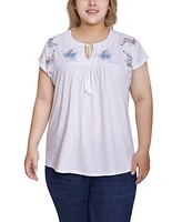 Ny Collection Plus Embroidered Yoke Extended Sleeve Top