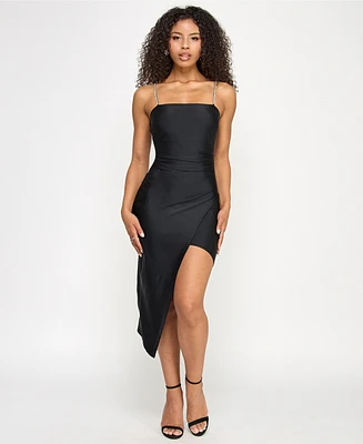 Emerald Sundae Juniors' Rhinestone-Strap Asymmetrical Dress