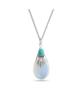 Bling Jewelry Western Jewelry Tribal Blue Turquoise Opalite Teardrop Pendant Necklace Silver