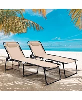 Gymax 2 Pcs Patio Folding Chaise Lounge Portable Lay Flat Reclining Chair w/ 4-Level Backrest Side Pocket