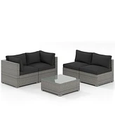 5-Piece Outdoor Patio Sectional Sofa Couch and Glass Coffee Table with Cushions