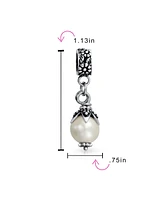 Bling Jewelry Leaf Cap White Simulated Pearl Dangle Charm Bead .925 Sterling Silver Fits European Bracelet