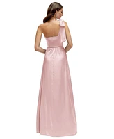 After Six Women's Bow One-Shoulder Fluid Satin Maxi Dress with Full Skirt