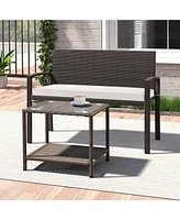 Wicker 2-Seat Bench with Soft Seat Cushion and Metal Frame