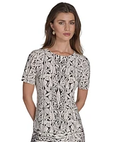 Halston Women's Printed Zipper-Shoulder Crewneck Top