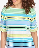 Ruby Rd. Petite Multi Stripe Roll Tab Sleeve T Shirt