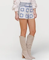 Avec Les Filles Women's Crochet-Front Denim Cutoff Shorts