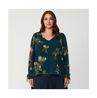 Summit Bloom Navy Flroal V-Neck Long Sleeve Top