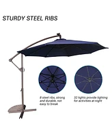 10 Ft Cantilever Patio Umbrella with Lights Offset Crank Large Outdoor Pool for Backyard Garden Deck Without Bas