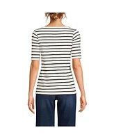 Lands' End Women's Tall Supima Cotton Elbow Sleeve Boatneck Button Shoulder Tee
