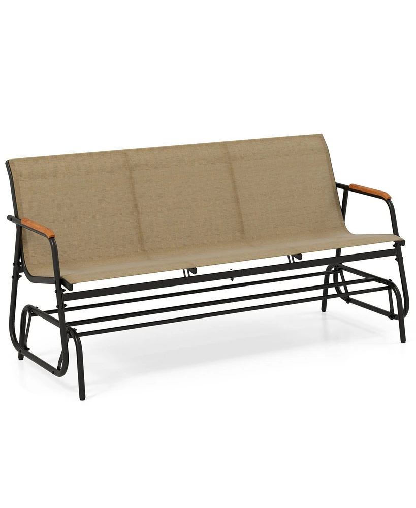 Patio Glider Bench with Curved Teak Armrests and Breathable Fabric Seat for 3 People