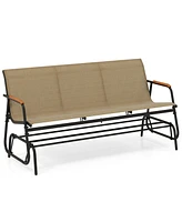 Patio Glider Bench with Curved Teak Armrests and Breathable Fabric Seat for 3 People
