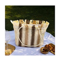 Women's The Straw-Striped Tote Bag - Ecru Beige:Mocha Brown