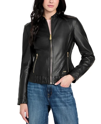 Guess Women's Collarless Zip-Front Leather Jacket