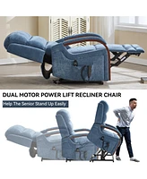 Power Chenille Lift Recliner Chair Dual Motor Infinite Position Up to 350 Lbs with Solid Wood Armrests, Heat Massage and Heavy Duty Motion Mechanism