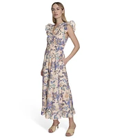 Vince Camuto Women's Cotton Printed V-Neck Ruffled Midi Dress