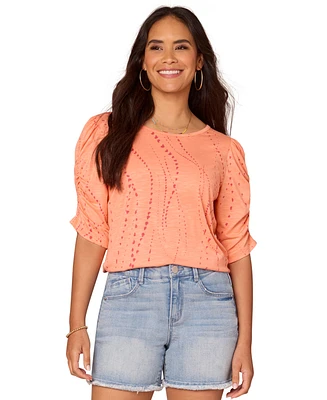 Democracy Petite Printed Ruched-Sleeve Scoop-Neck Top