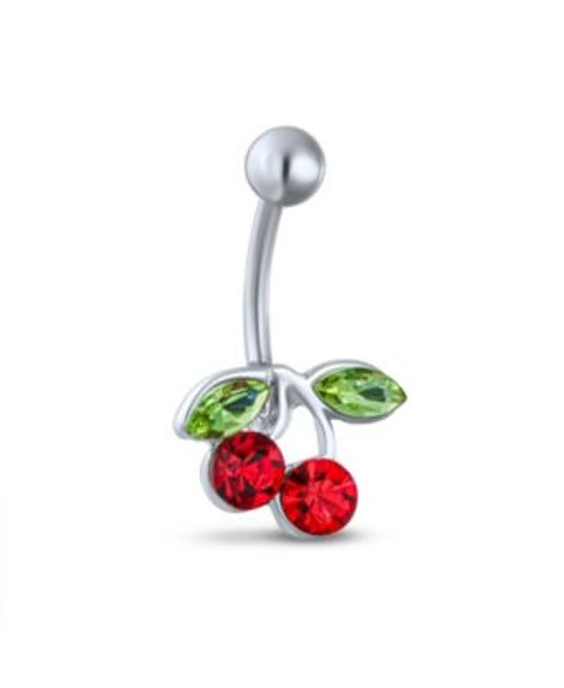 Bling Jewelry Red Crystal Double Cherry Branch Bar Navel Belly Ring 316L Stainless Steel 14 Gauge