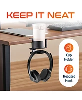 Delton H22 2-in-1 Desk Cup Holder with Headphone Stand,360-Degree Rotating Hook Mount for Headset, Adjustable Clamp, Compatible with Universal Headset