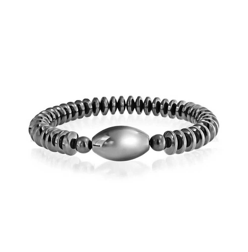 Bling Jewelry Black Gunmetal Charcoal Grey Disc Oval Centerpiece Natural Hematite Stone Stretch Bracelet Elastic Bracelet