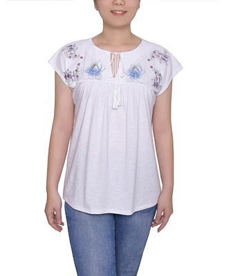 Ny Collection Women's Embroidered Yoke Extended Sleeve Top