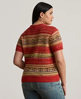 Lauren Ralph Plus Geo-Striped Short-Sleeve Sweater
