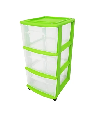 Homz Plastic 3 Drawer Medium Storage Container Tower, Clear Drawers/Lime Frame
