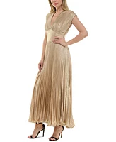 Taylor Women's Metallic V-Neck Cap-Sleeve Pleated Gown