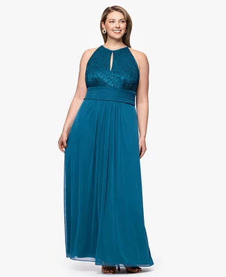 B&A By Betsy and Adam Plus Lace Long Halter Dress