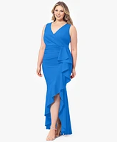 Betsy & Adam Plus Sleeveless Ruffled High-Low Gown