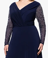 Betsy & Adam Plus V-Neck Beaded Long A-Line Dress