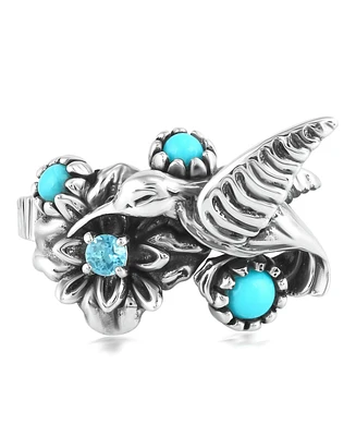 American West Jewelry Sterling Silver Sleeping Beauty Turquoise and Swiss Blue Topaz Fritz Casuse Hummingbird Ring, Size 5