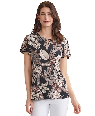 Jones New York Petite Printed Keyhole Flutter-Sleeve Top