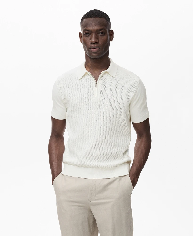 Mango Men's Openwork Knitted Zipper Polo Shirt