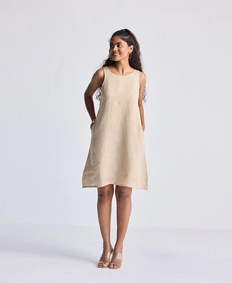 Reistor Women's Hemp Short Dress with Back Embroidered Lace Detail