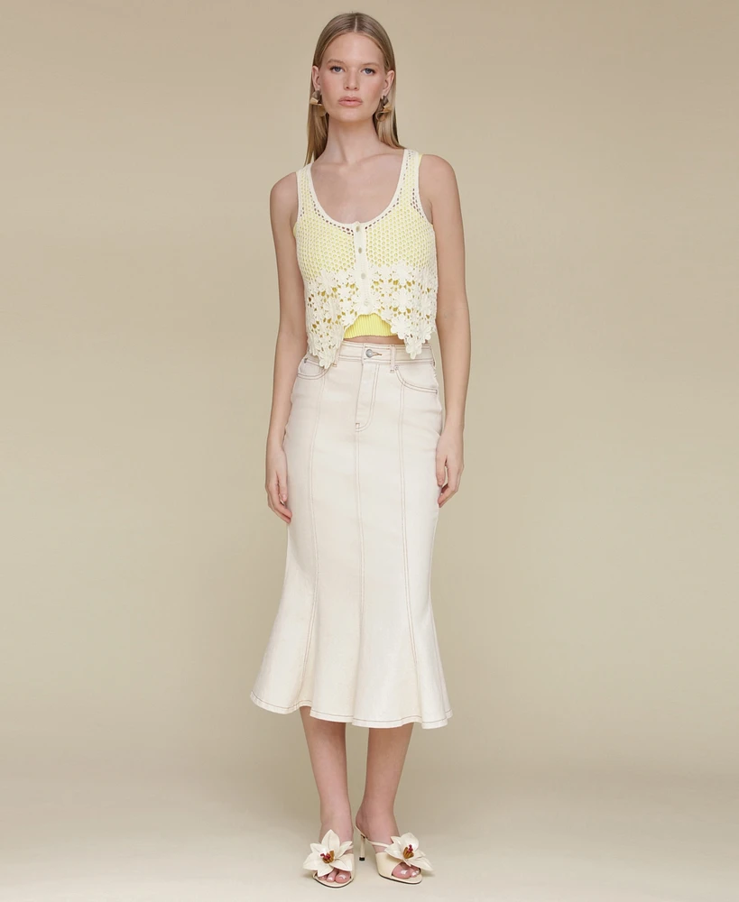 Avec Les Filles Women's Panelled Flare Denim Midi Skirt
