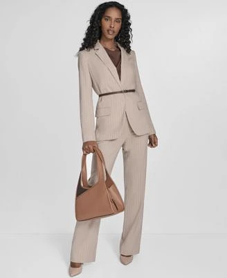 Calvin Klein Womens Belted Pinstripe Jacket Straight Leg Pants