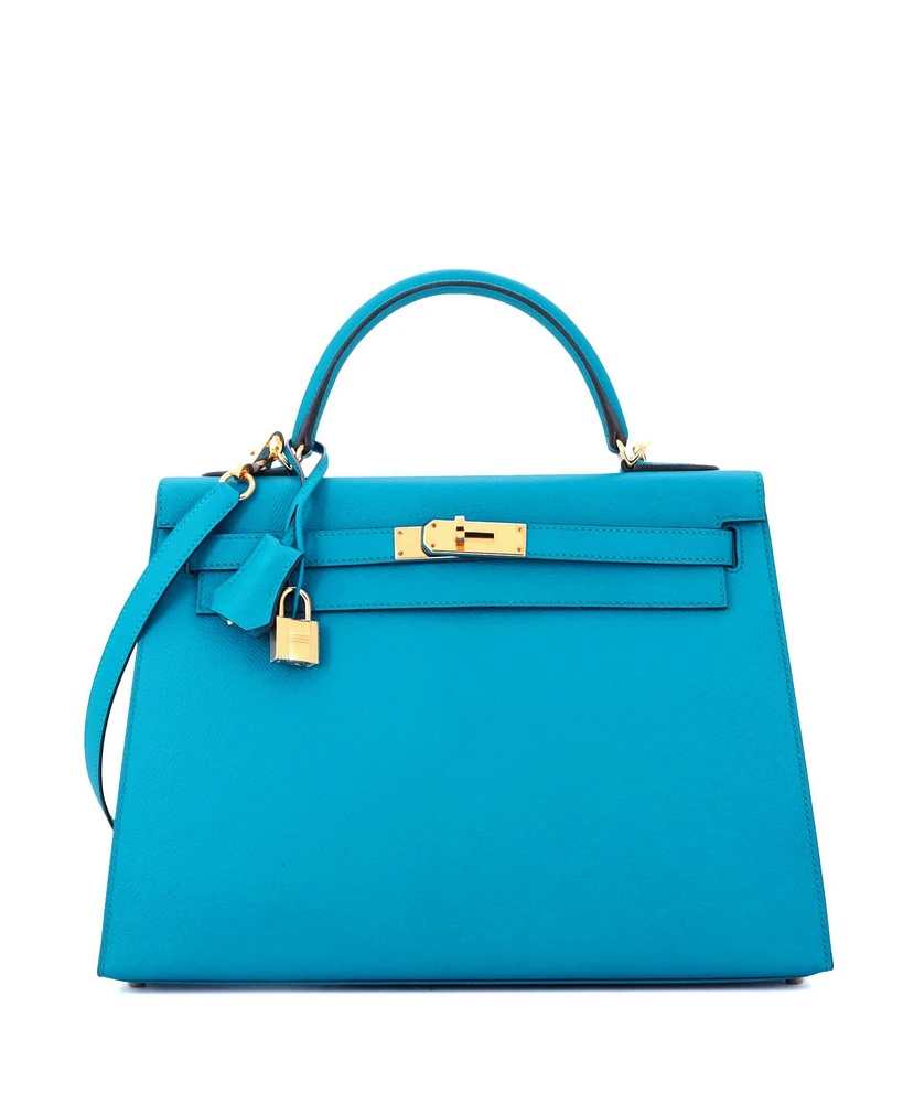 Pre-Owned Hermes Kelly 32 Handbag Blue Epsom with Gold Hardware