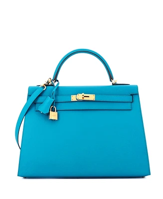 Pre-Owned Hermes Kelly 32 Handbag Blue Epsom with Gold Hardware