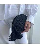 Adornia Navy Raffia Moon Clutch