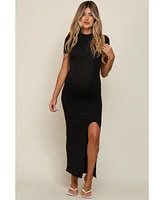 Pinkblush Black Mock Neck Front Slit Short Sleeve Maternity Maxi Dress