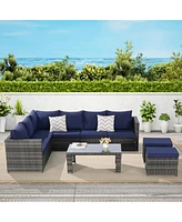 Gouun 6-Piece Outdoor Patio Sectional Sofa Set with Glass Table, Cushions and Pillows for Backyard and Garden